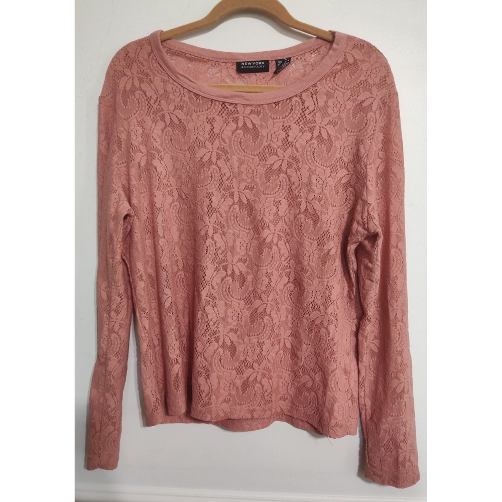 Y2K New York & Company Sheer Dusty Rose Lace Blouse Long Sleeve Whimsigoth Boho